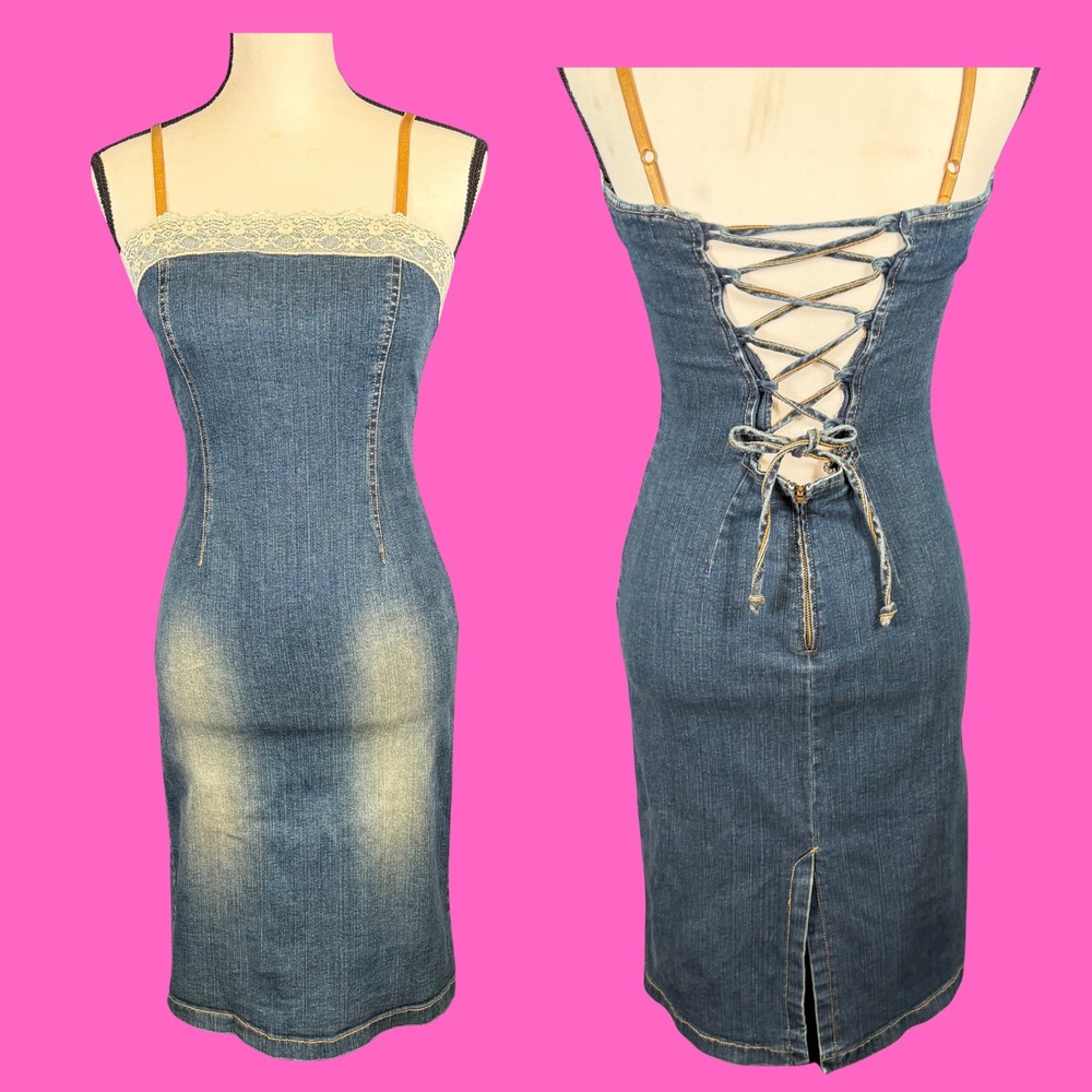 Y2K Hot Kiss Denim Midi Dress XS Corset Lace Up Back Bodycon Faded 90s Grunge